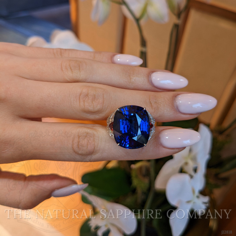 25.95 Ct. Blue Sapphire, Natural Diamond and Ruby Antique Style Ring, 18K White Gold