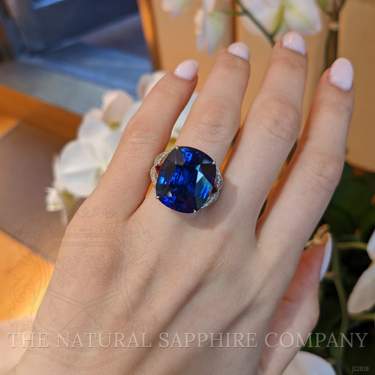 25.95 Ct. Blue Sapphire, Natural Diamond and Ruby Antique Style Ring, 18K White Gold