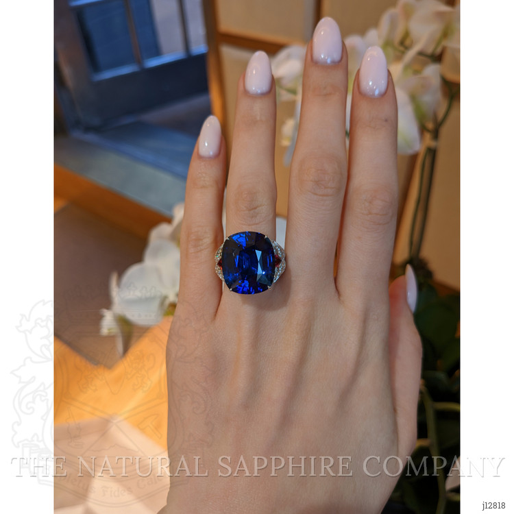 25.95 Ct. Blue Sapphire, Natural Diamond and Ruby Antique Style Ring, 18K White Gold