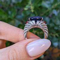 25.95 Ct. Blue Sapphire, Natural Diamond and Ruby Antique Style Ring, 18K White Gold Life Style