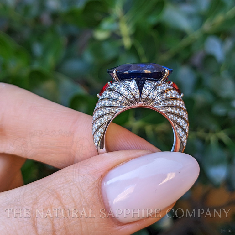 25.95 Ct. Blue Sapphire, Natural Diamond and Ruby Antique Style Ring, 18K White Gold