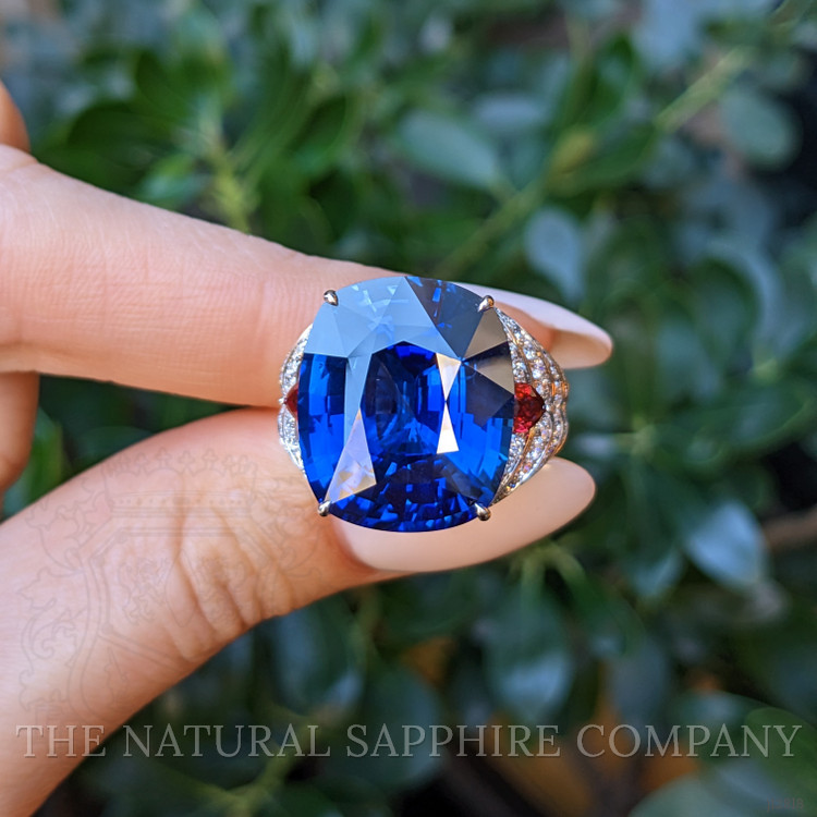 25.95 Ct. Blue Sapphire, Natural Diamond and Ruby Antique Style Ring, 18K White Gold