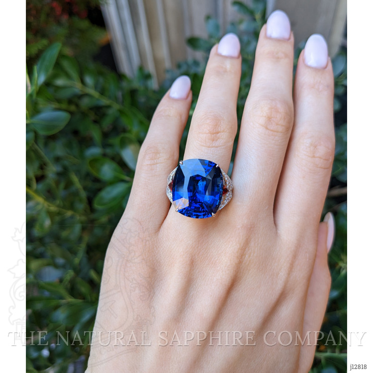 25.95 Ct. Blue Sapphire, Natural Diamond and Ruby Antique Style Ring, 18K White Gold