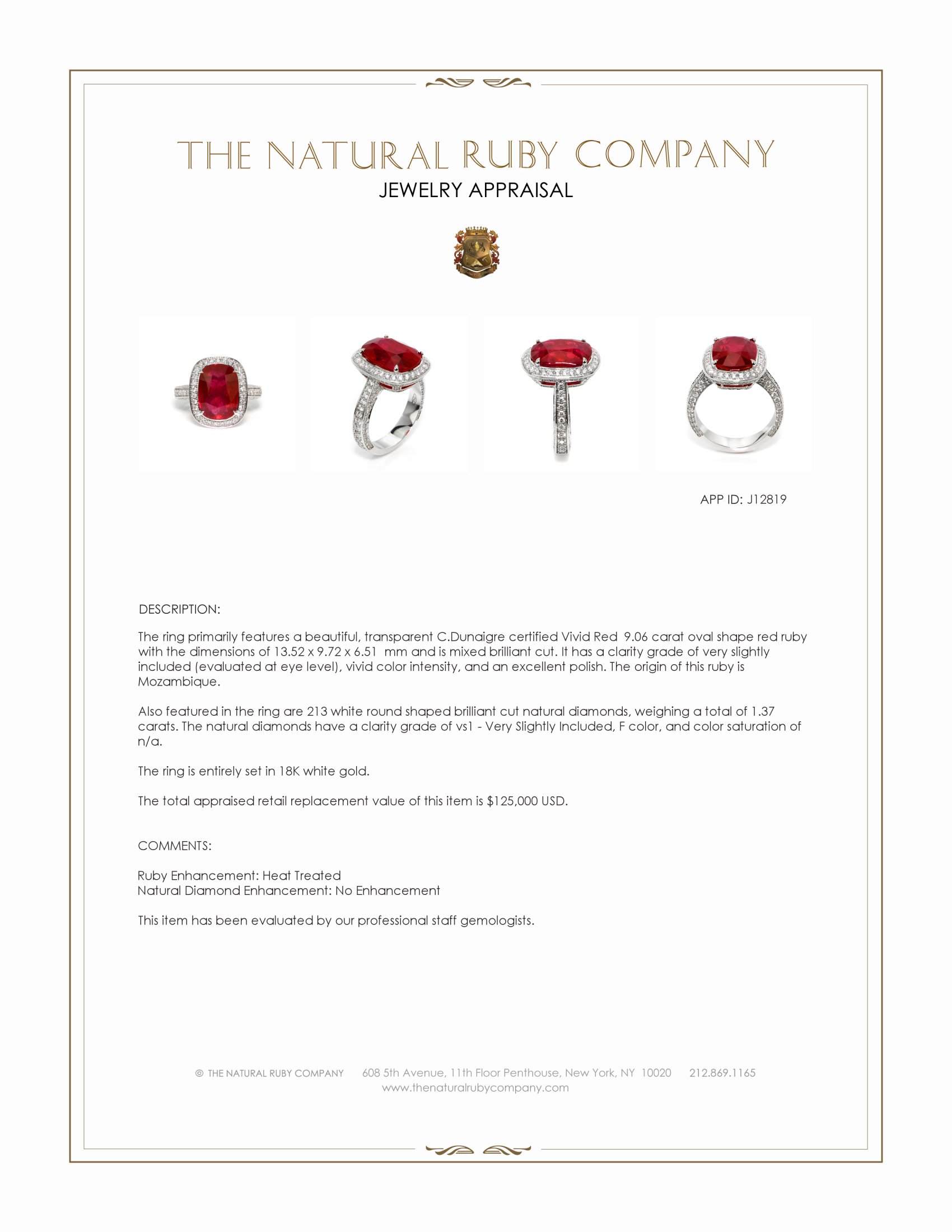 9.06 Ct. Ruby and Natural Diamond Pave Ring, 18K White Gold