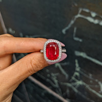 9.06 Ct. Ruby and Natural Diamond Pave Ring, 18K White Gold Life Style
