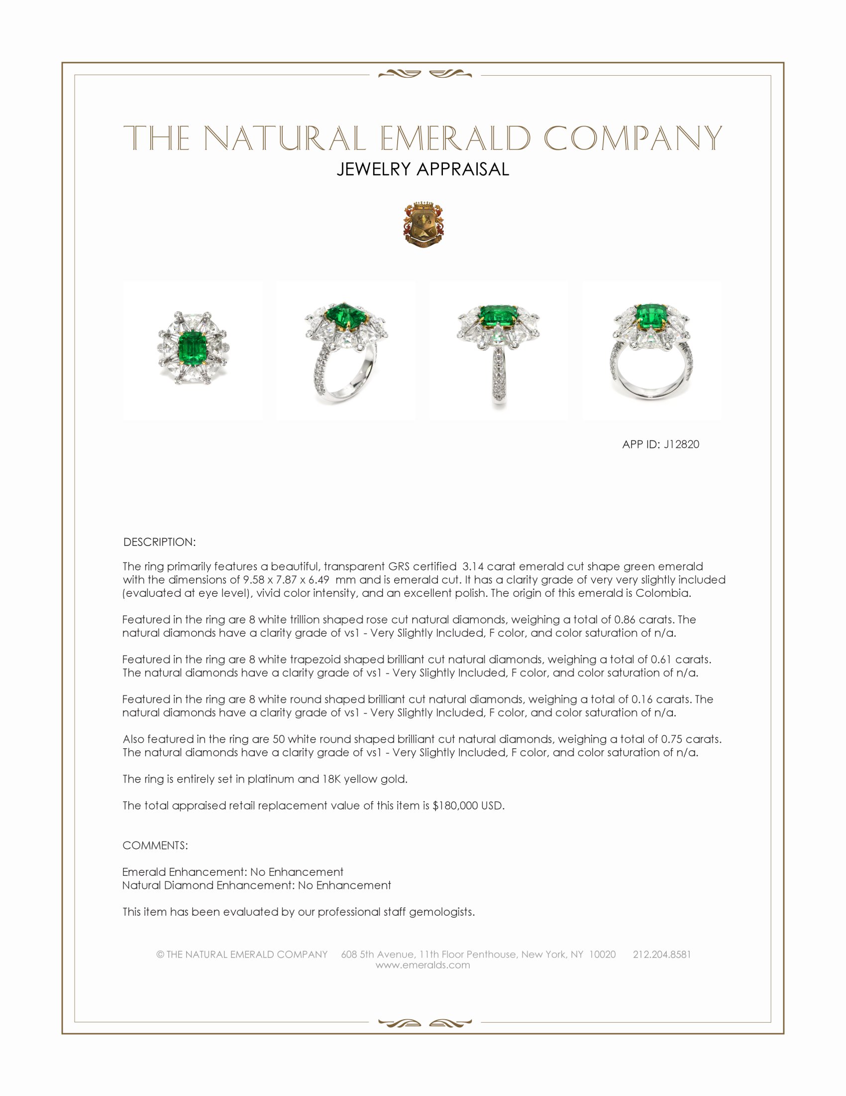 3.14 Ct. Emerald and Natural Diamond Halo Ring, Platinum & 18K Yellow