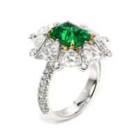 3.14 Ct. Emerald and Natural Diamond Halo Ring, Platinum & 18K Yellow Image