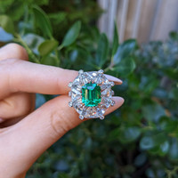 3.14 Ct. Emerald and Natural Diamond Halo Ring, Platinum & 18K Yellow Life Style
