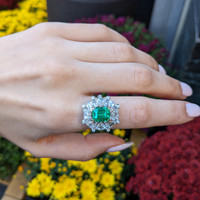 3.14 Ct. Emerald and Natural Diamond Halo Ring, Platinum & 18K Yellow Life Style