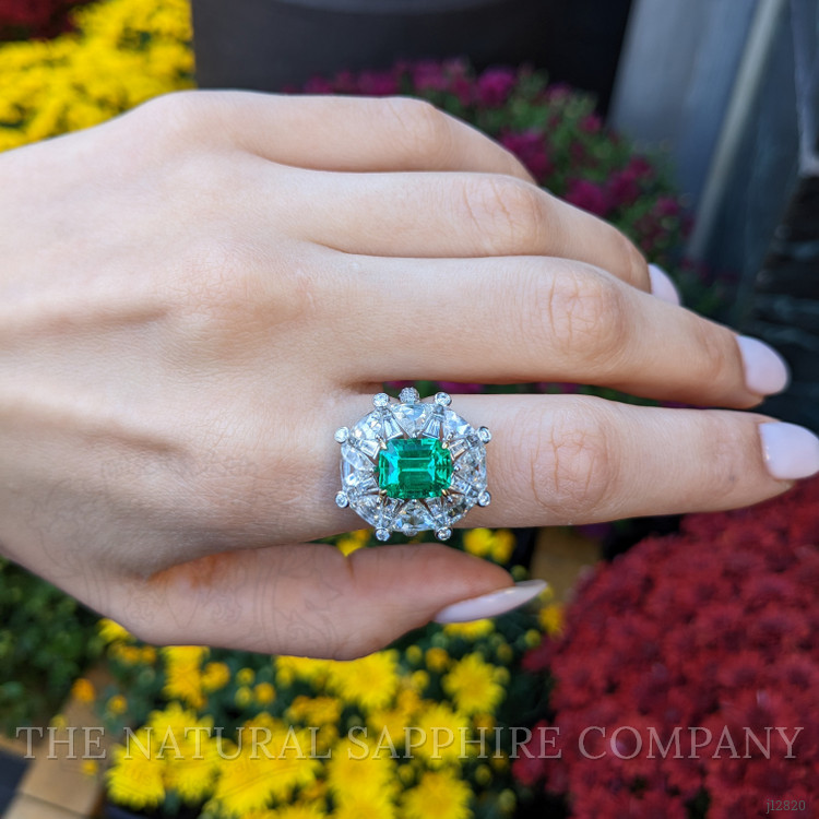 3.14 Ct. Emerald and Natural Diamond Halo Ring, Platinum & 18K Yellow