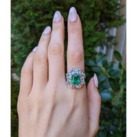 3.14 Ct. Emerald and Natural Diamond Halo Ring, Platinum & 18K Yellow Life Style