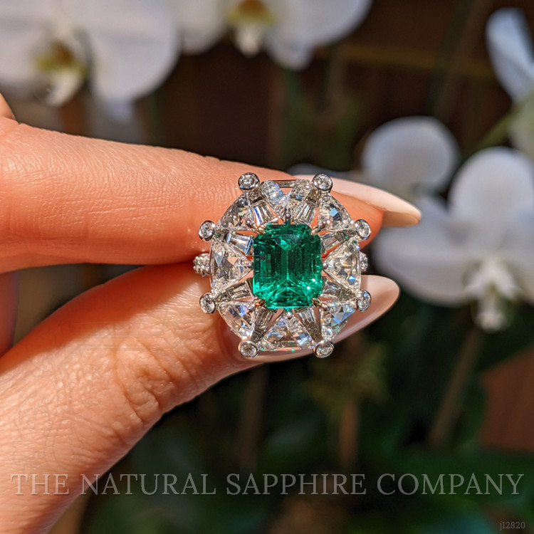 3.14 Ct. Emerald and Natural Diamond Halo Ring, Platinum & 18K Yellow