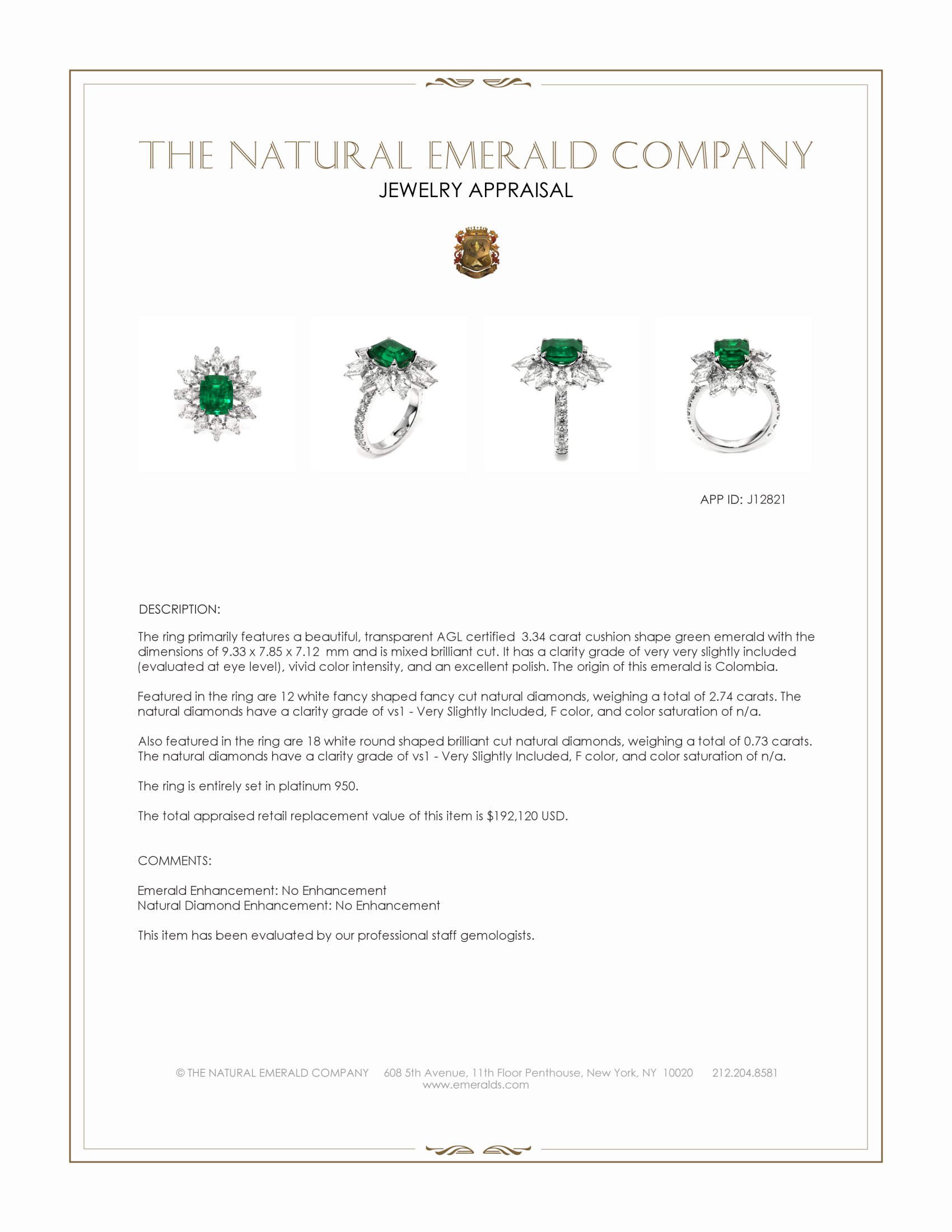 3.34 Ct. Emerald and Natural Diamond Pave Ring, Platinum 950