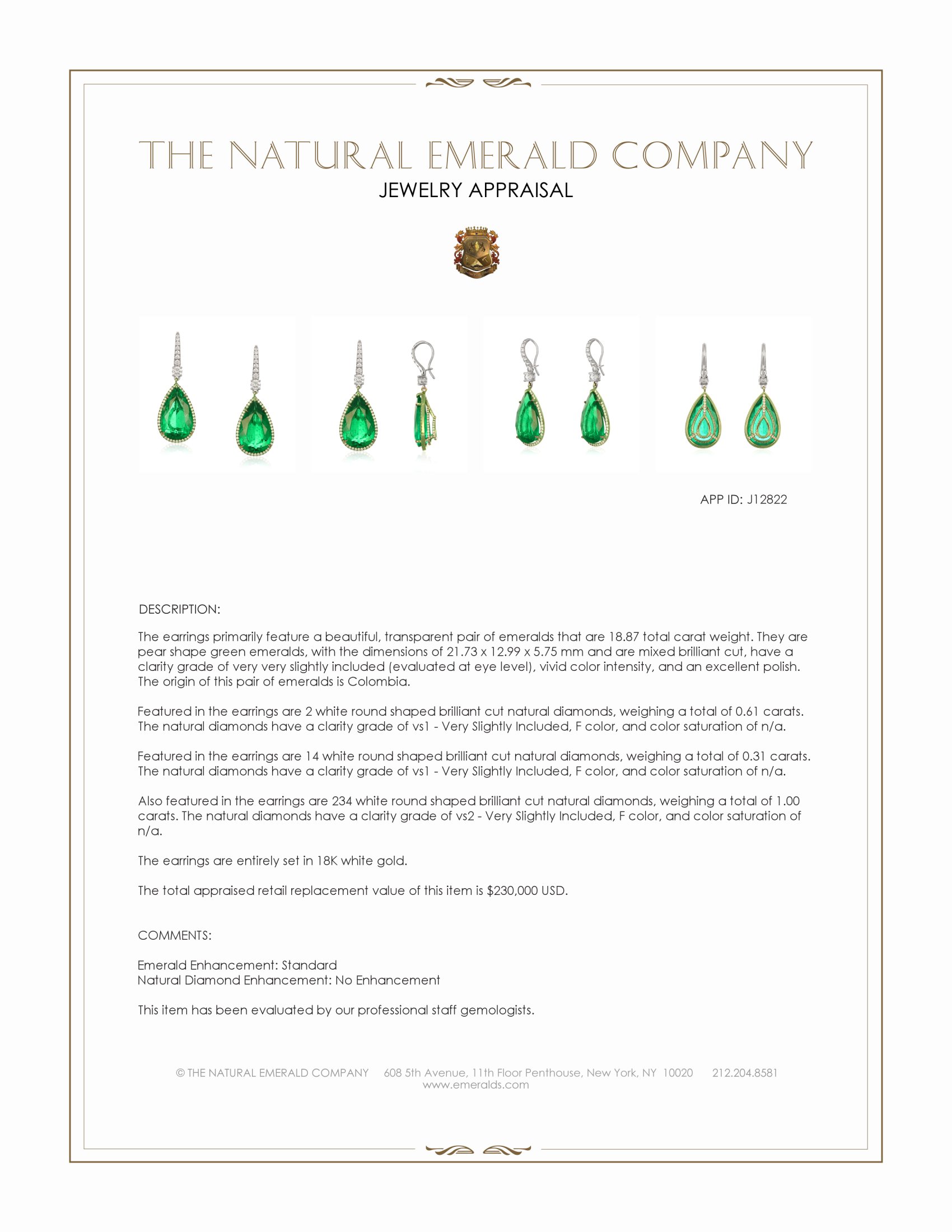 18.87 Ct.Tw. Emerald and Natural Diamond Pave Earrings, 18K White Gold