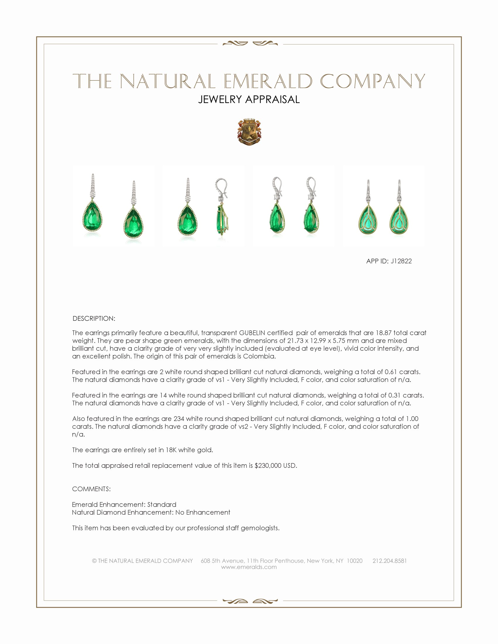 18.87 Ct.Tw. Emerald and Natural Diamond Pave Earrings, 18K White Gold