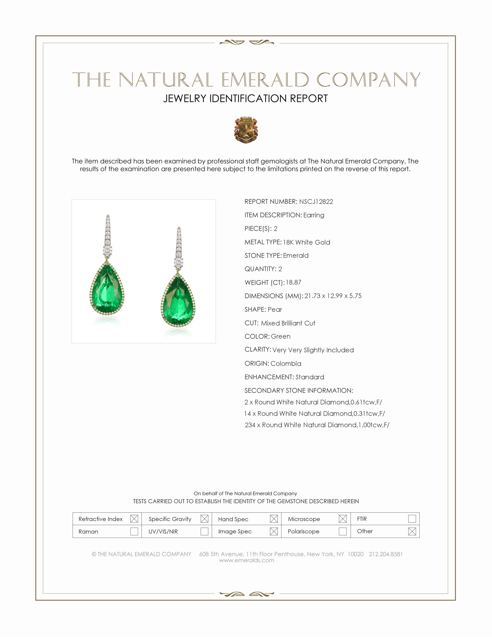 18.87 Ct.Tw. Emerald and Natural Diamond Pave Earrings, 18K White Gold