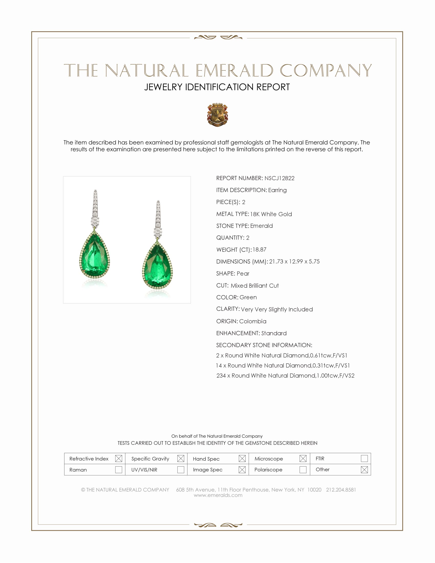 18.87 Ct.Tw. Emerald and Natural Diamond Pave Earrings, 18K White Gold