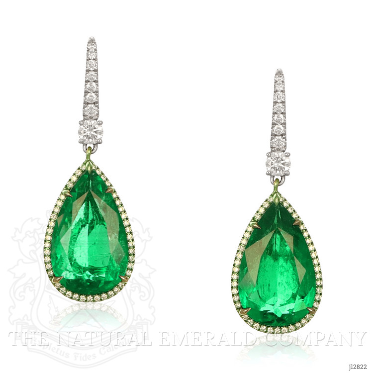18.87 Ct.Tw. Emerald and Natural Diamond Pave Earrings, 18K White Gold
