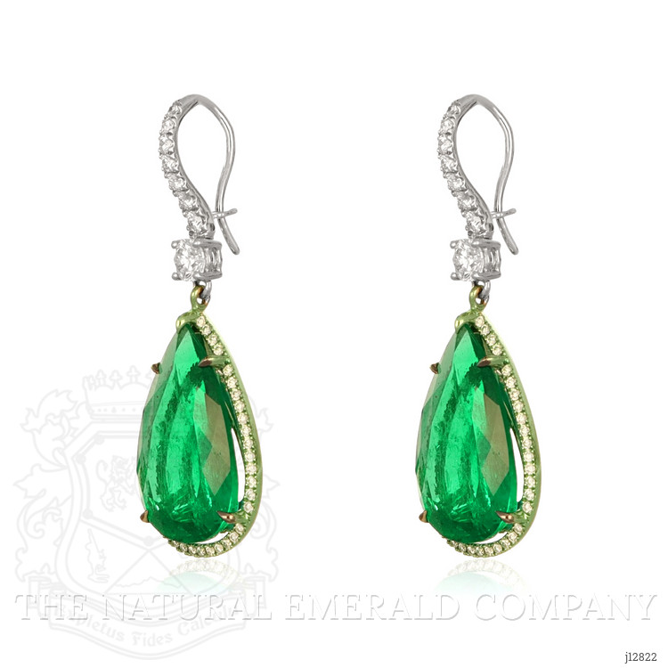18.87 Ct.Tw. Emerald and Natural Diamond Pave Earrings, 18K White Gold