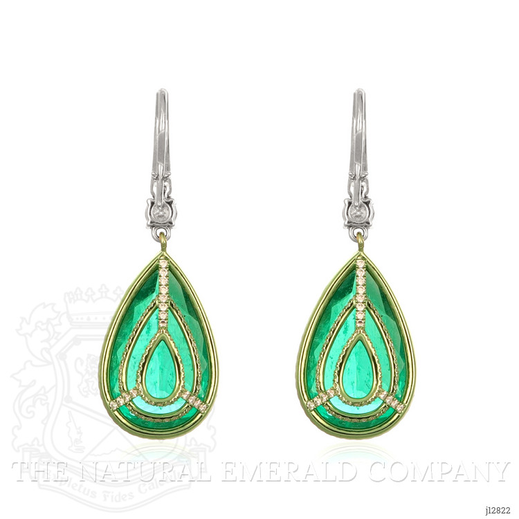 18.87 Ct.Tw. Emerald and Natural Diamond Pave Earrings, 18K White Gold