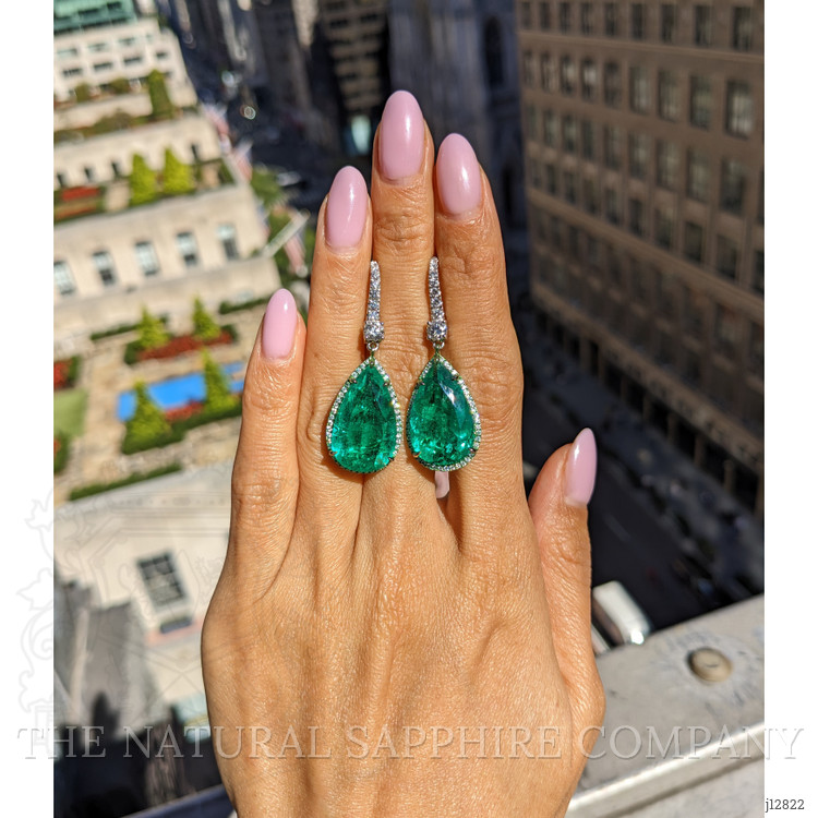 18.87 Ct.Tw. Emerald and Natural Diamond Pave Earrings, 18K White Gold