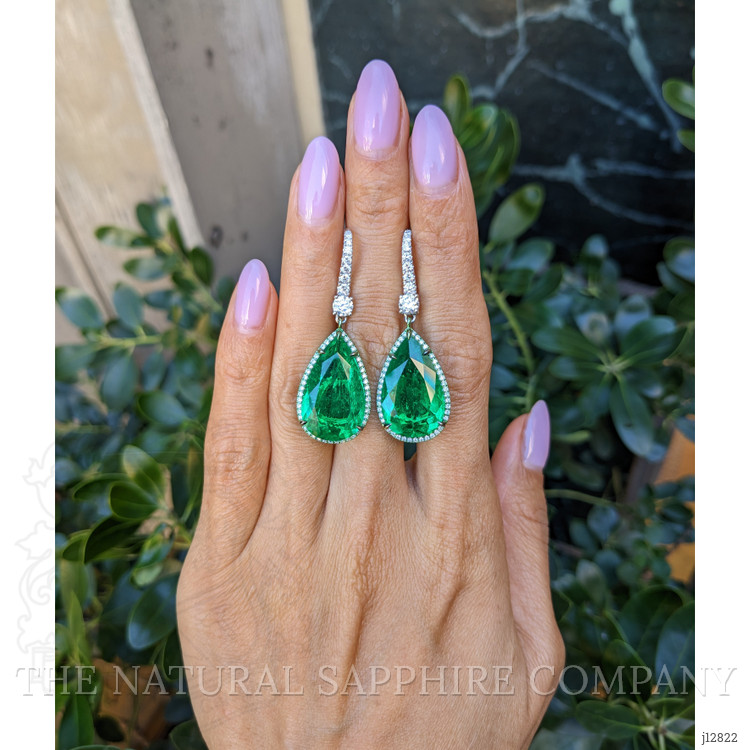 18.87 Ct.Tw. Emerald and Natural Diamond Pave Earrings, 18K White Gold