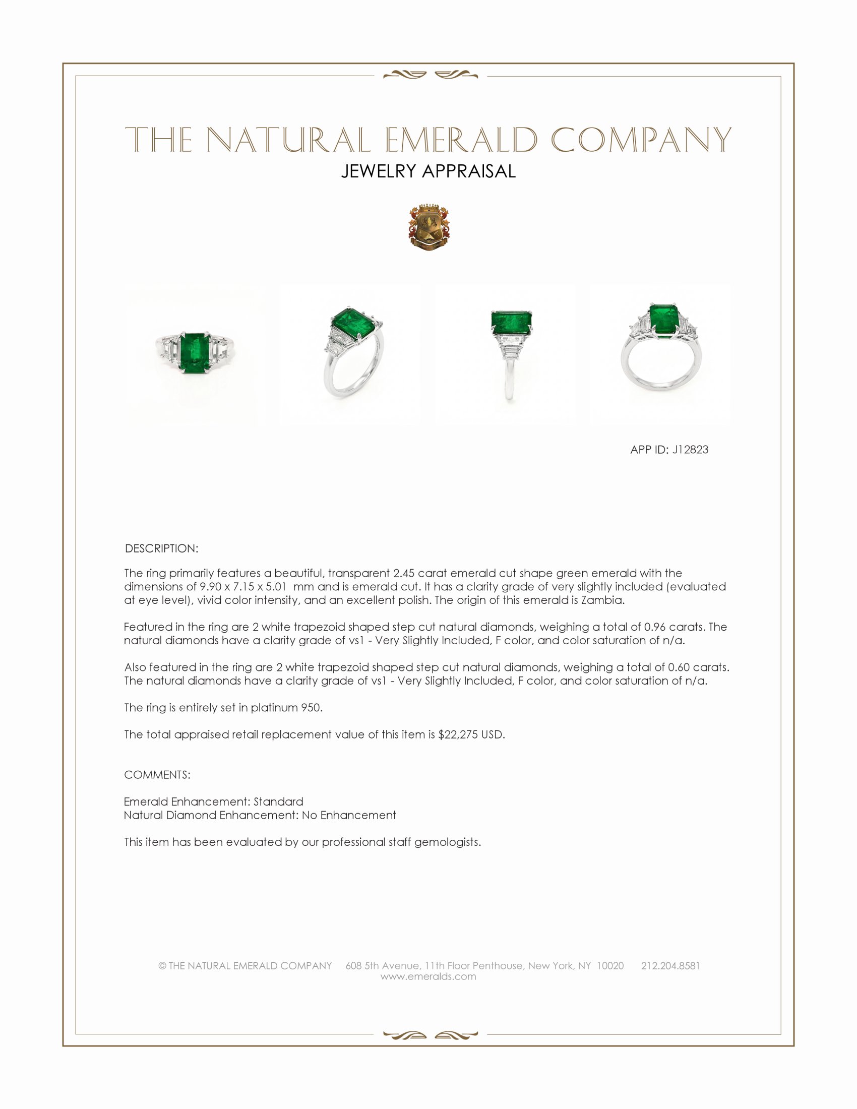 2.45 Ct. Emerald and Natural Diamond Accent Stones Ring, Platinum 950