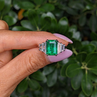 2.45 Ct. Emerald and Natural Diamond Accent Stones Ring, Platinum 950 Life Style