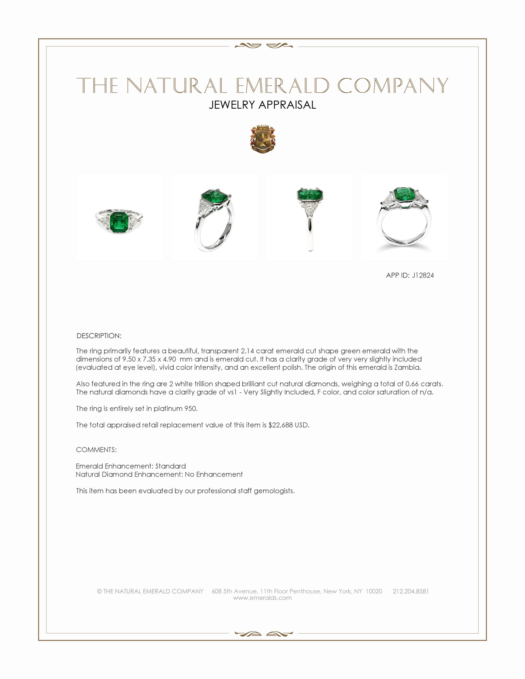 2.14 Ct. Emerald and Natural Diamond Three Stone Ring, Platinum 950