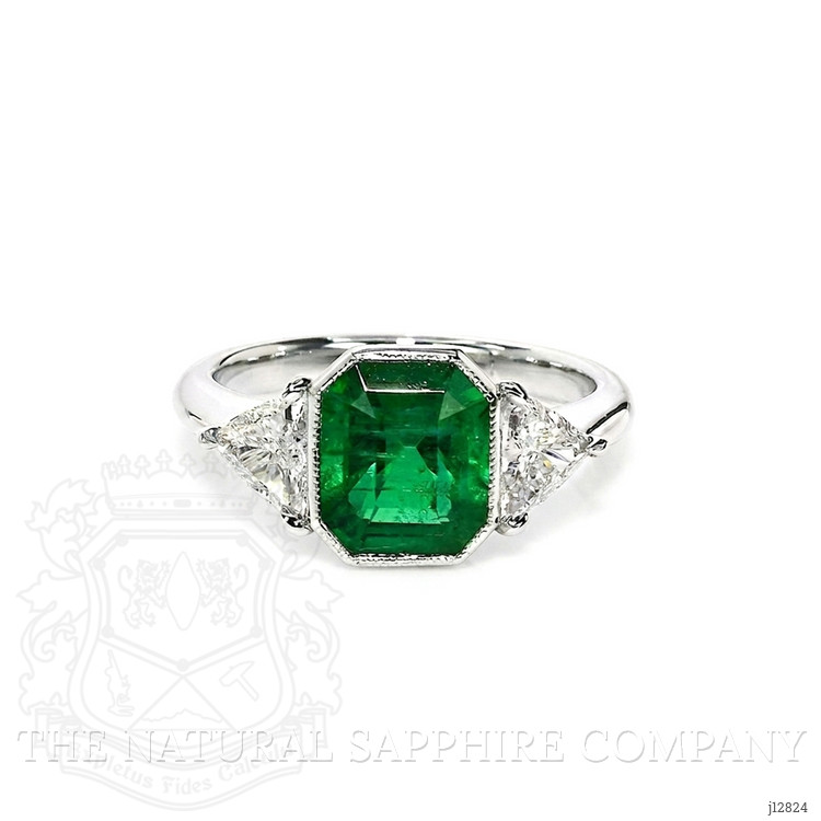 2.14 Ct. Emerald and Natural Diamond Three Stone Ring, Platinum 950