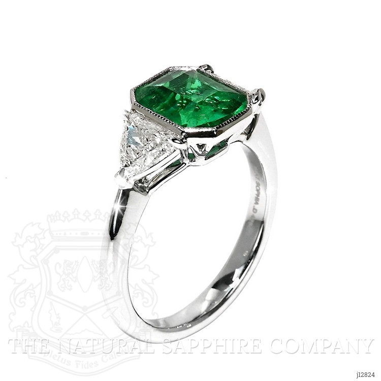 2.14 Ct. Emerald and Natural Diamond Three Stone Ring, Platinum 950