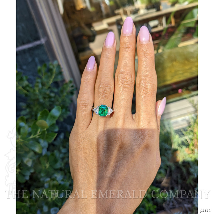 2.14 Ct. Emerald and Natural Diamond Three Stone Ring, Platinum 950
