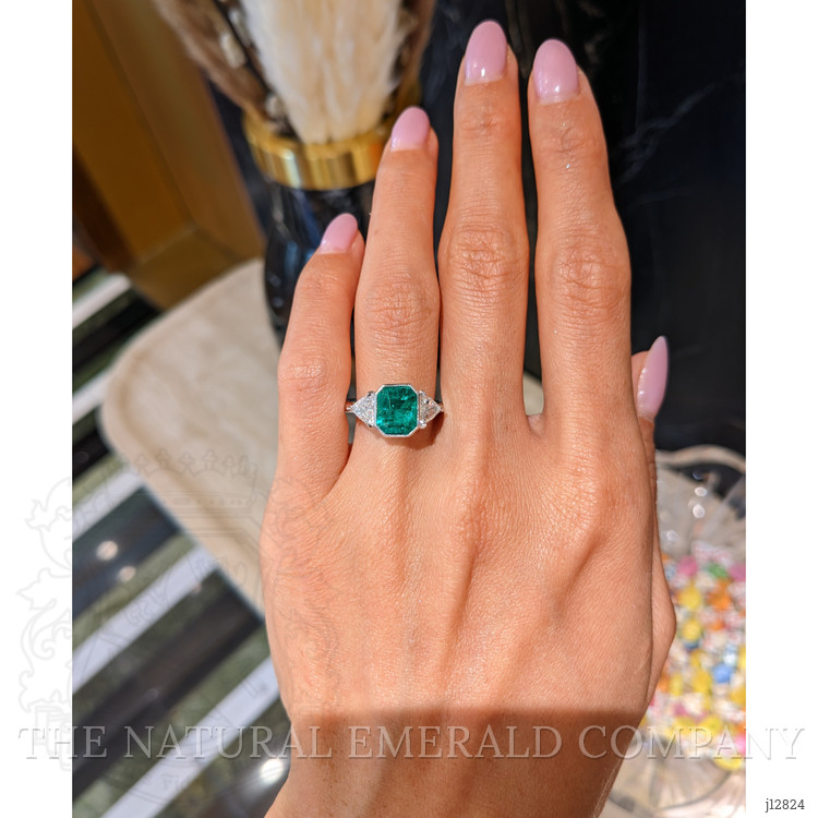 2.14 Ct. Emerald and Natural Diamond Three Stone Ring, Platinum 950