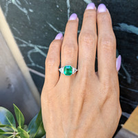2.14 Ct. Emerald and Natural Diamond Three Stone Ring, Platinum 950 Life Style
