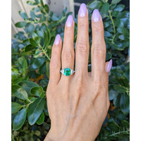 2.14 Ct. Emerald and Natural Diamond Three Stone Ring, Platinum 950 Life Style