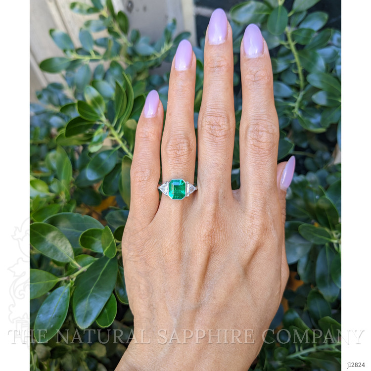 2.14 Ct. Emerald and Natural Diamond Three Stone Ring, Platinum 950