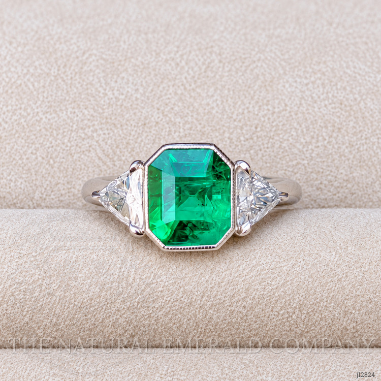 2.14 Ct. Emerald and Natural Diamond Three Stone Ring, Platinum 950