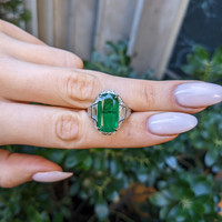 6.16 Ct. Emerald and Natural Diamond Halo Ring, Platinum 950 Life Style