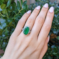 6.16 Ct. Emerald and Natural Diamond Halo Ring, Platinum 950 Life Style