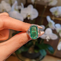 6.16 Ct. Emerald and Natural Diamond Halo Ring, Platinum 950 Life Style