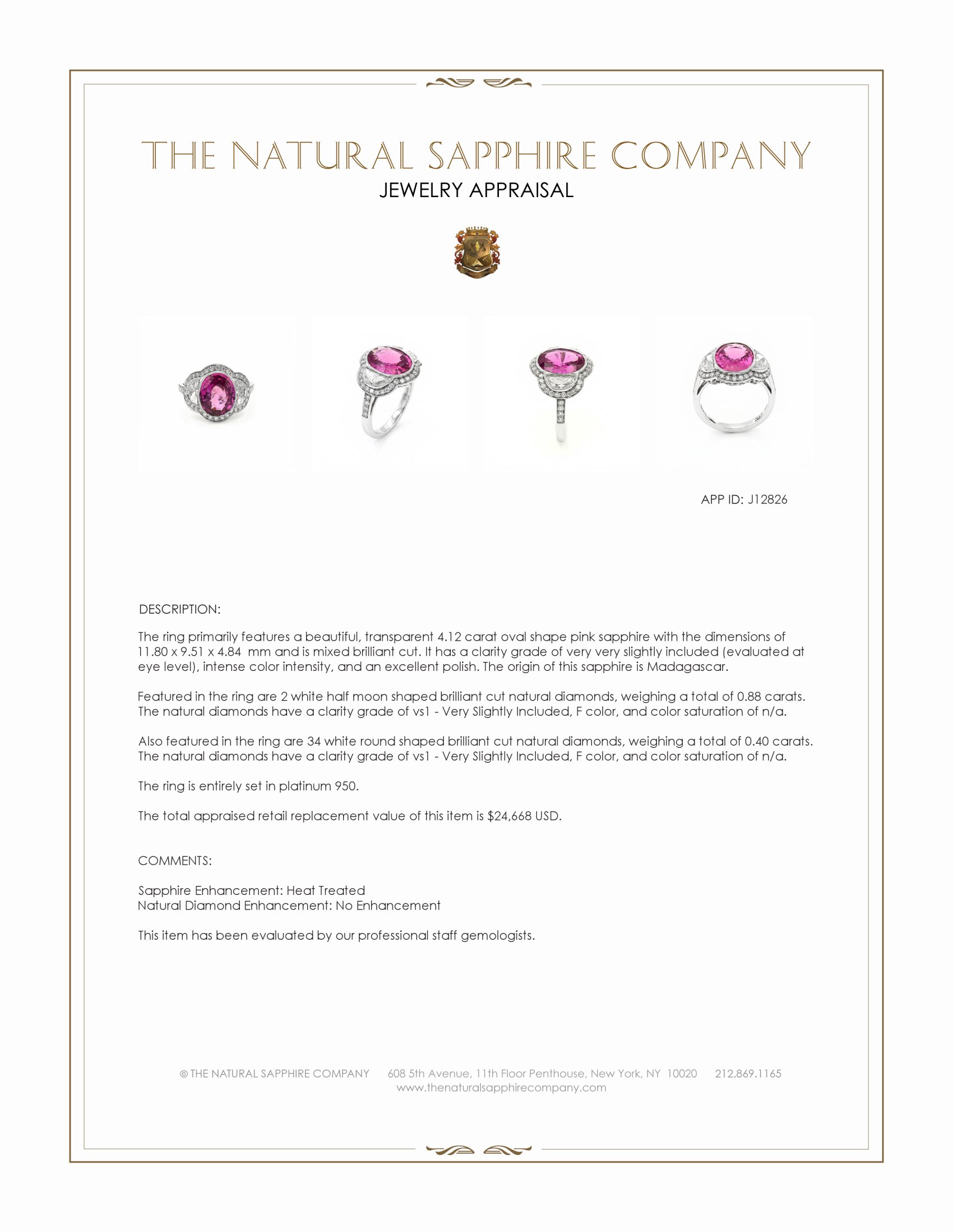 4.12 Ct. Pink Sapphire and Natural Diamond Pave Ring, Platinum 950