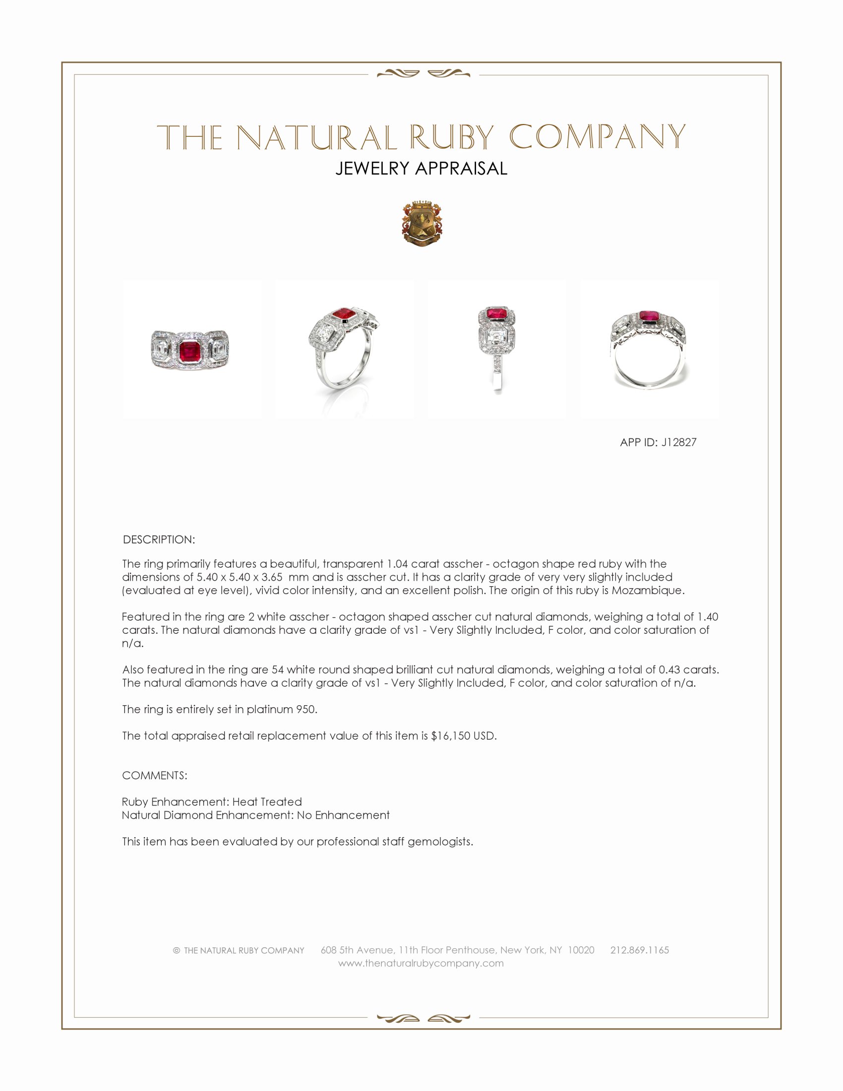 1.04 Ct. Ruby and Natural Diamond Halo Ring, Platinum 950