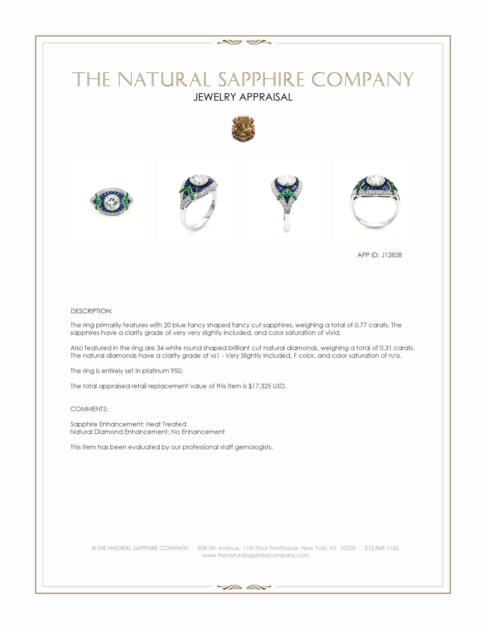 1.91 Ct.Tw. Natural Diamond, Blue Sapphire and Emerald Pave Ring, Platinum 950