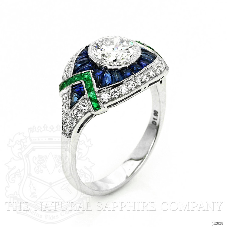 1.91 Ct.Tw. Natural Diamond, Blue Sapphire and Emerald Pave Ring, Platinum 950