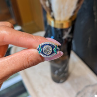 1.91 Ct.Tw.Total Carat Weight Natural Diamond, Blue Sapphire and Emerald Pave Ring, Platinum 950 Life Style