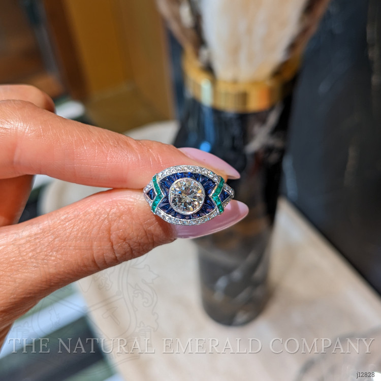 1.91 Ct.Tw. Natural Diamond, Blue Sapphire and Emerald Pave Ring, Platinum 950