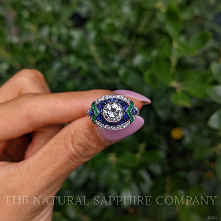 1.91 Ct.Tw. Natural Diamond, Blue Sapphire and Emerald Pave Ring, Platinum 950