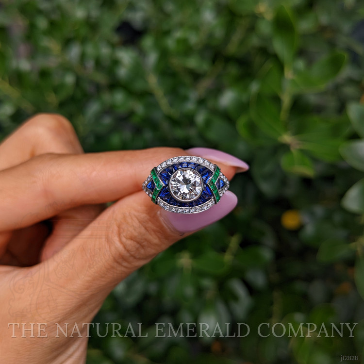 1.91 Ct.Tw. Natural Diamond, Blue Sapphire and Emerald Pave Ring, Platinum 950