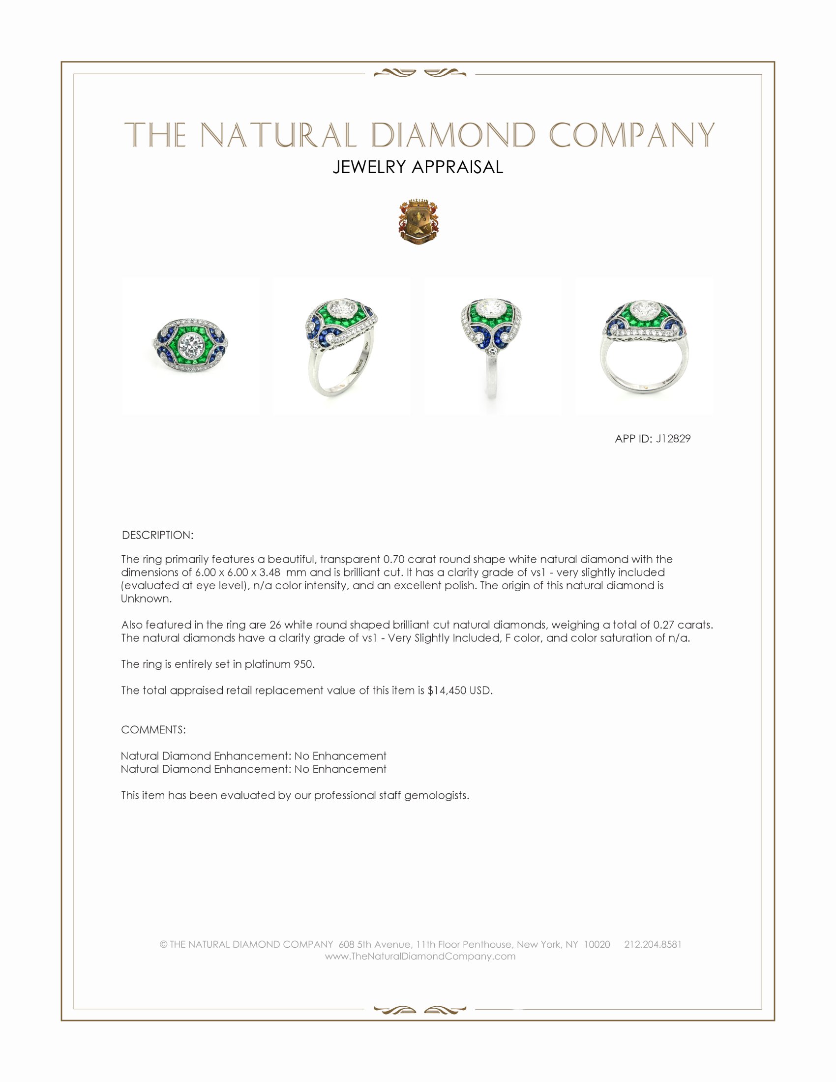 1.80 Ct.Tw. Natural Diamond, Blue Sapphire and Emerald Pave Ring, Platinum 950