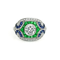 1.80&nbsp;Ct.Tw.Total Carat Weight Natural Diamond, Blue Sapphire and Emerald Pave Ring, Platinum 950 Video